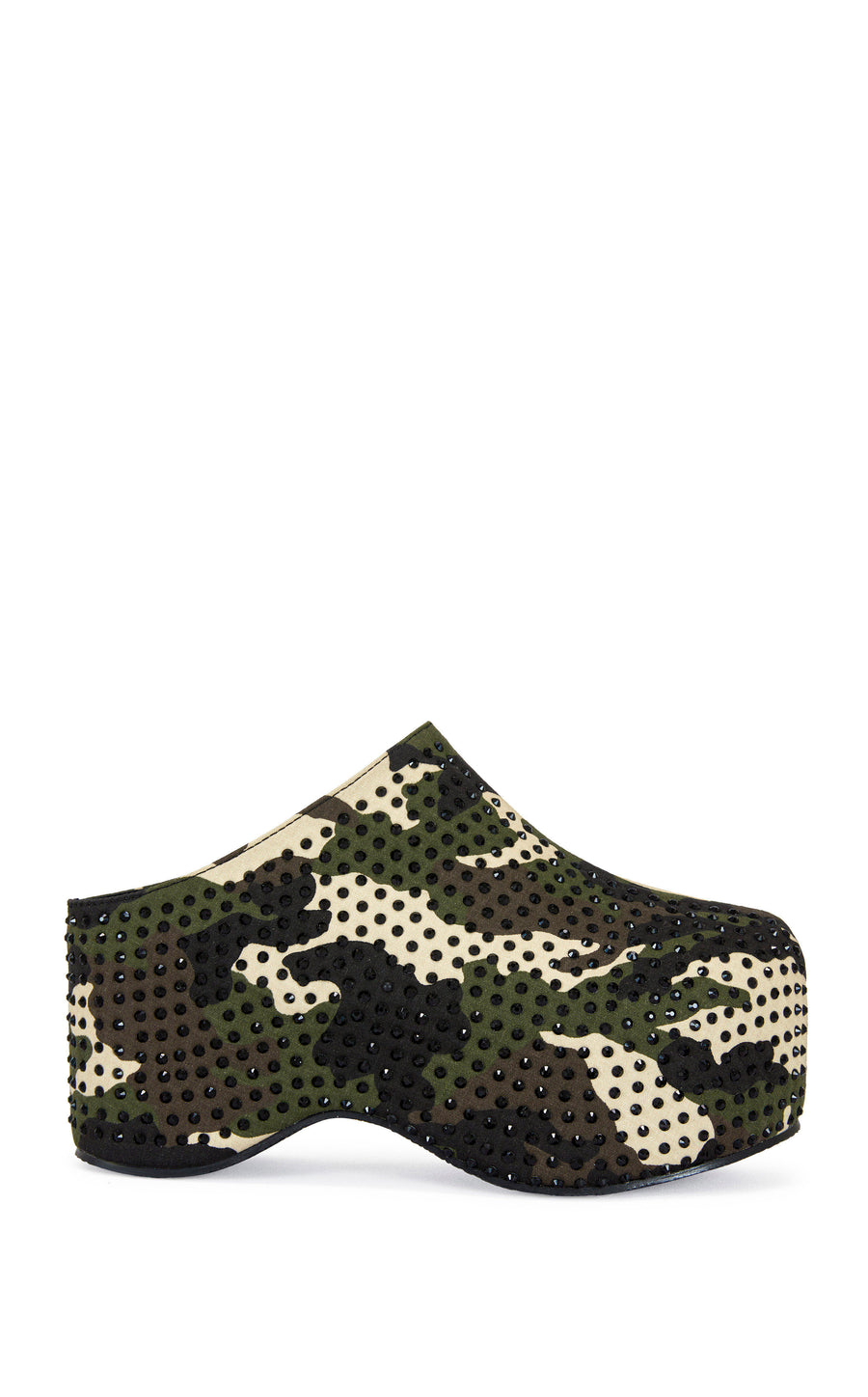 camo print platform slip on statement mule with black crystal embellishments and a curved sole