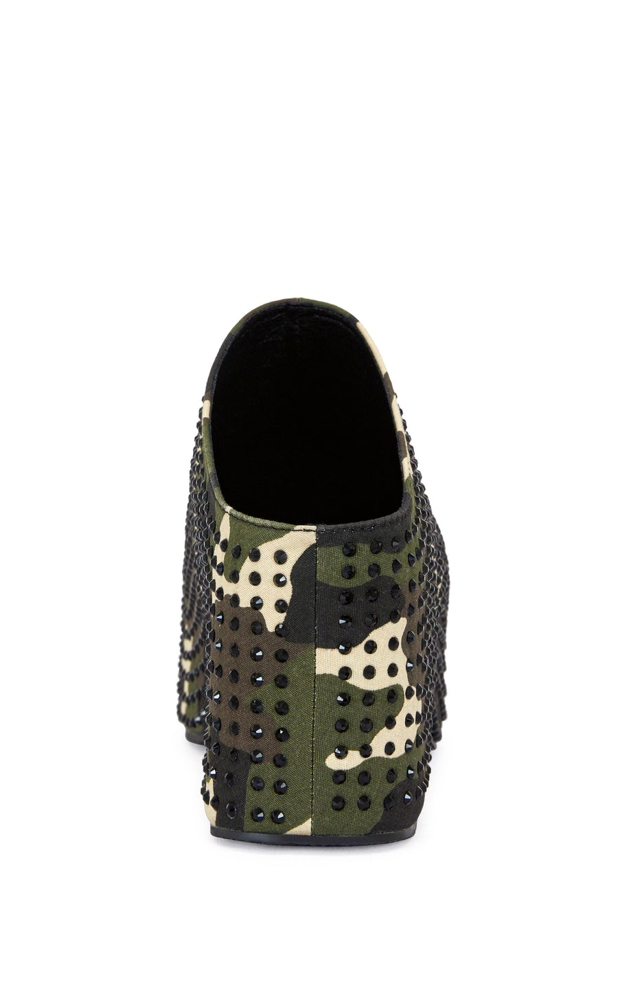 camo print platform slip on statement mule with black crystal embellishments and a curved sole