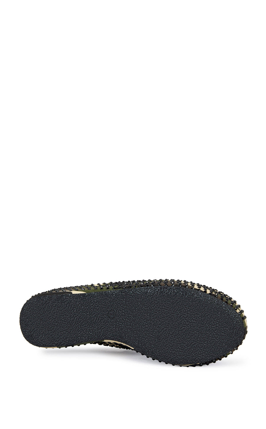 camo print platform slip on statement mule with black crystal embellishments and a curved sole