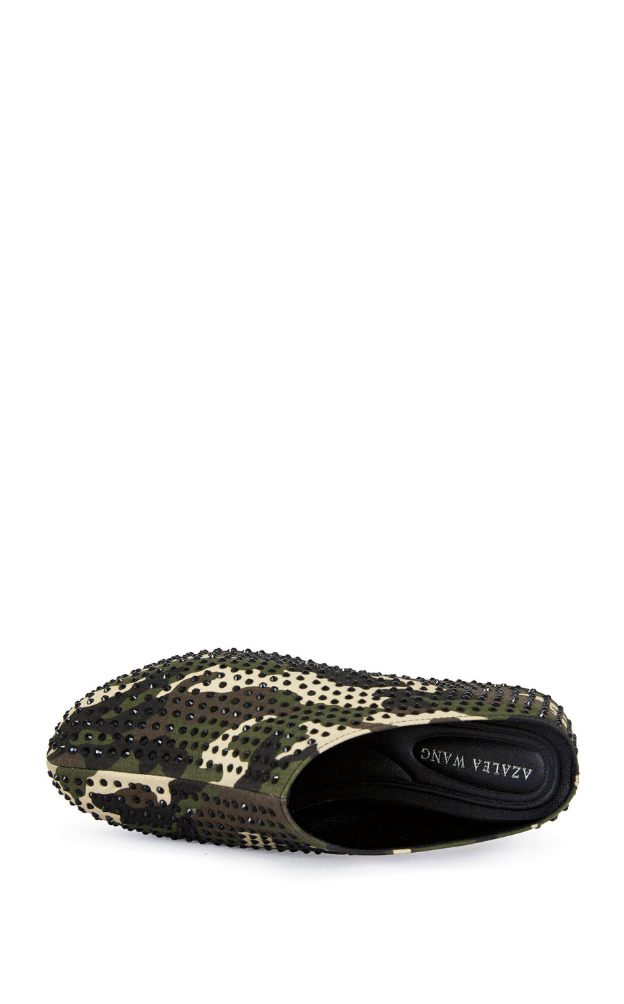 camo print platform slip on statement mule with black crystal embellishments and a curved sole