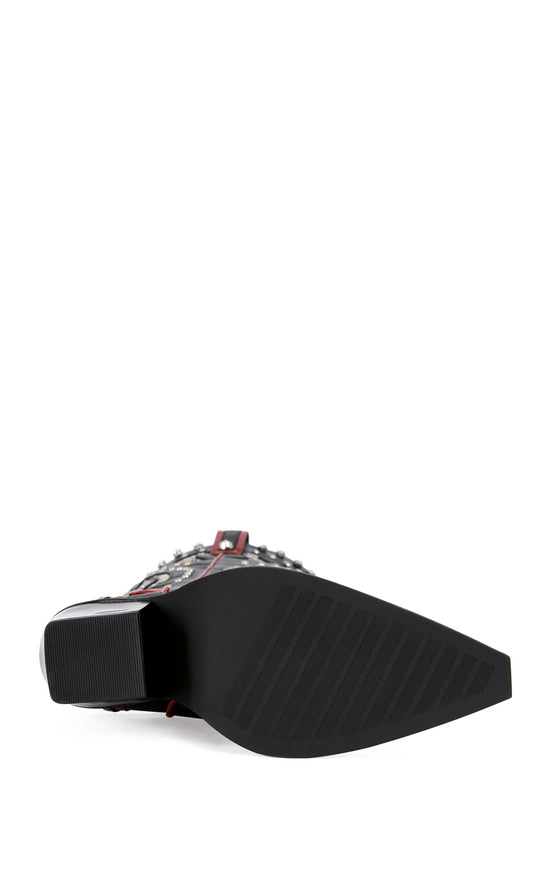 black faux leather statement knee high western boot with a block heel, pointed toe, and snake print patterned design. The boot is finished with red faux leather lining and silver hardware embellishments