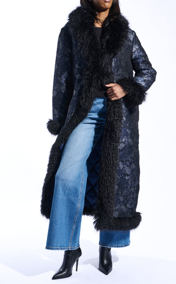navy blue brocade printed statement trench coat with faux fur lining on the collar and sleeves