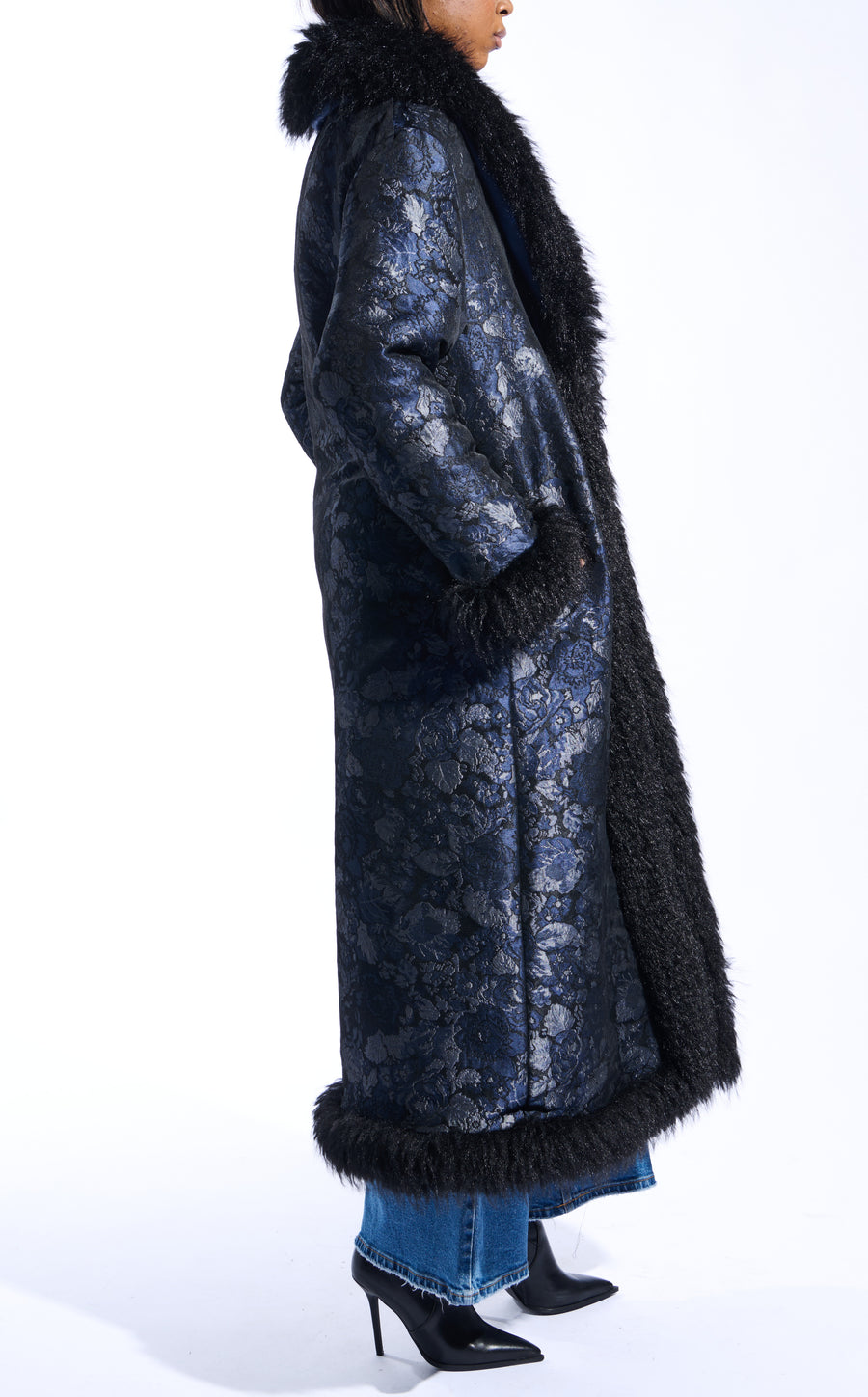navy blue brocade printed statement trench coat with faux fur lining on the collar and sleeves
