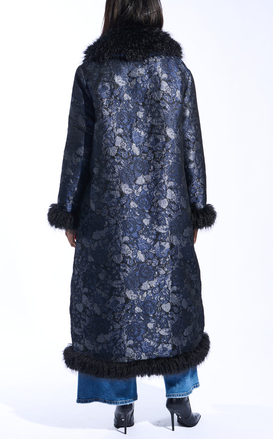 navy blue brocade printed statement trench coat with faux fur lining on the collar and sleeves