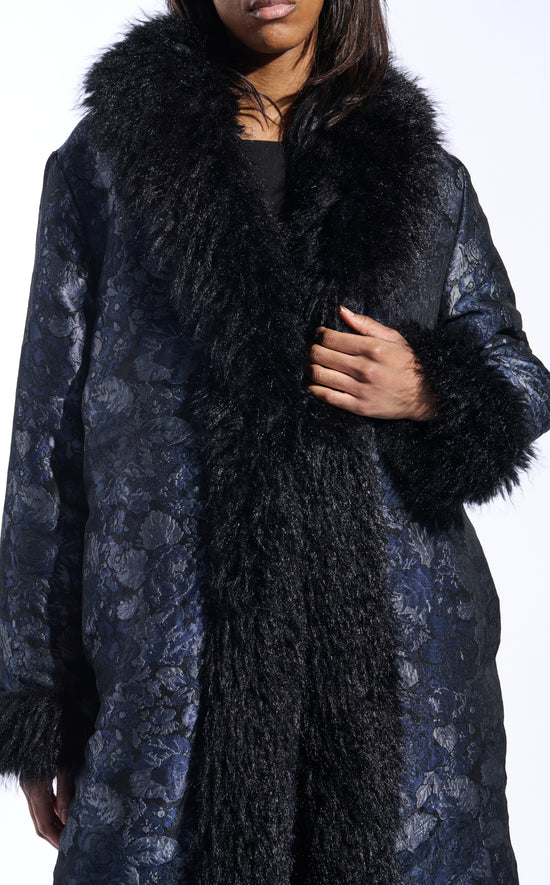 navy blue brocade printed statement trench coat with faux fur lining on the collar and sleeves