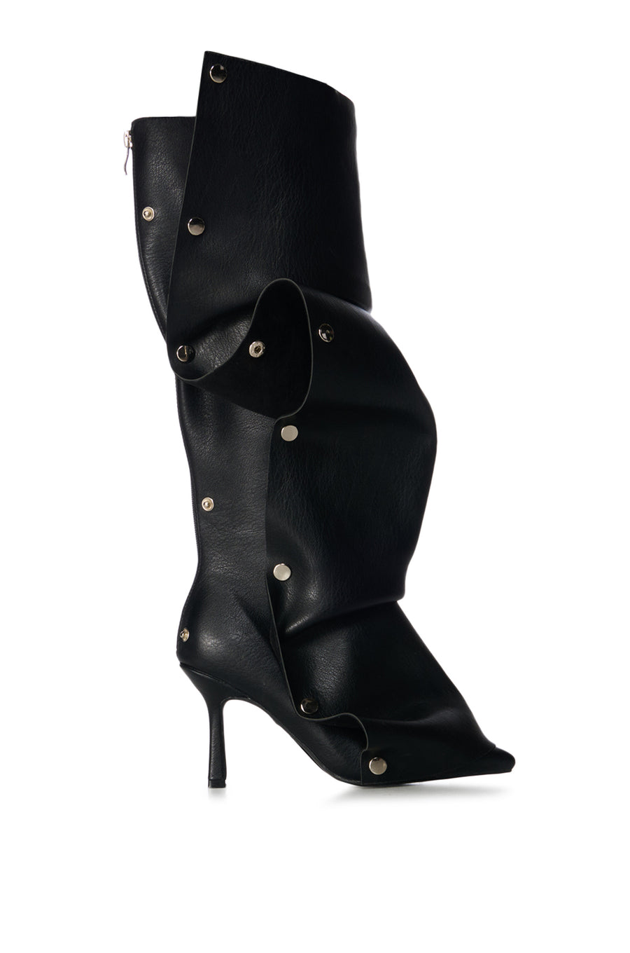 black faux leather knee high stiletto boots with adjustable snap on accent that can be styled various ways