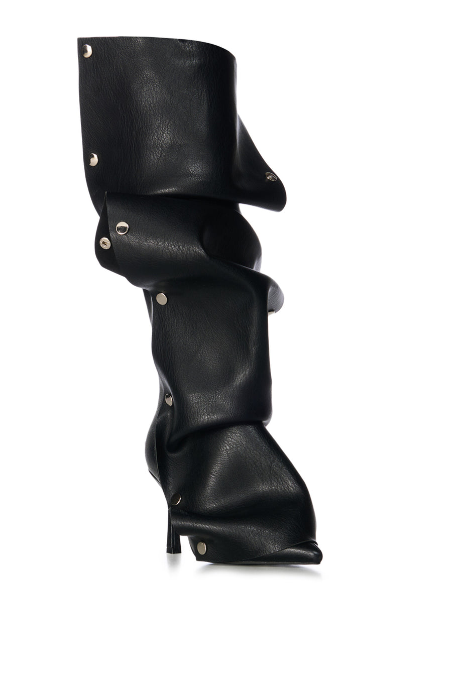 black faux leather knee high stiletto boots with adjustable snap on accent that can be styled various ways