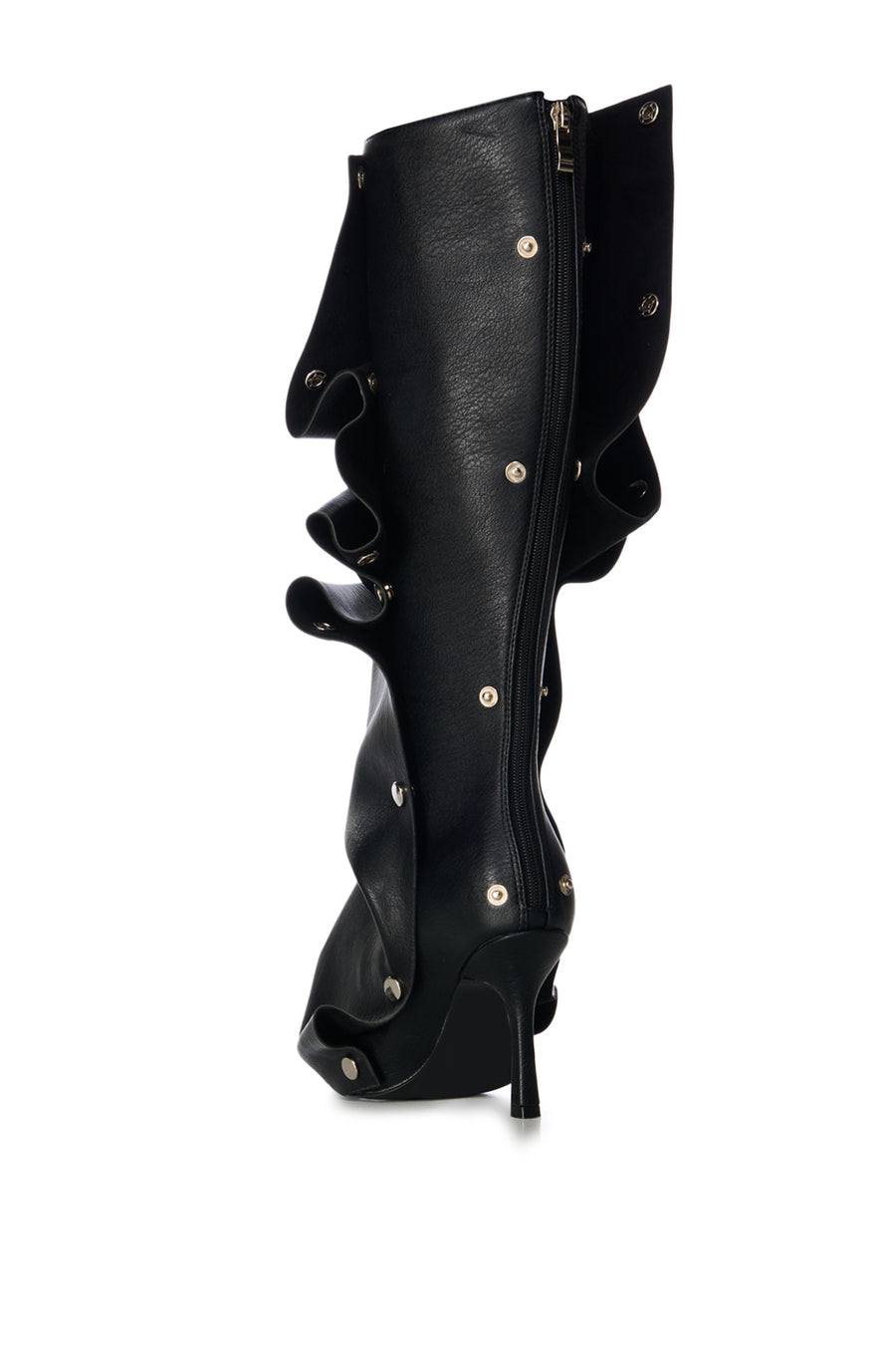 black faux leather knee high stiletto boots with adjustable snap on accent that can be styled various ways