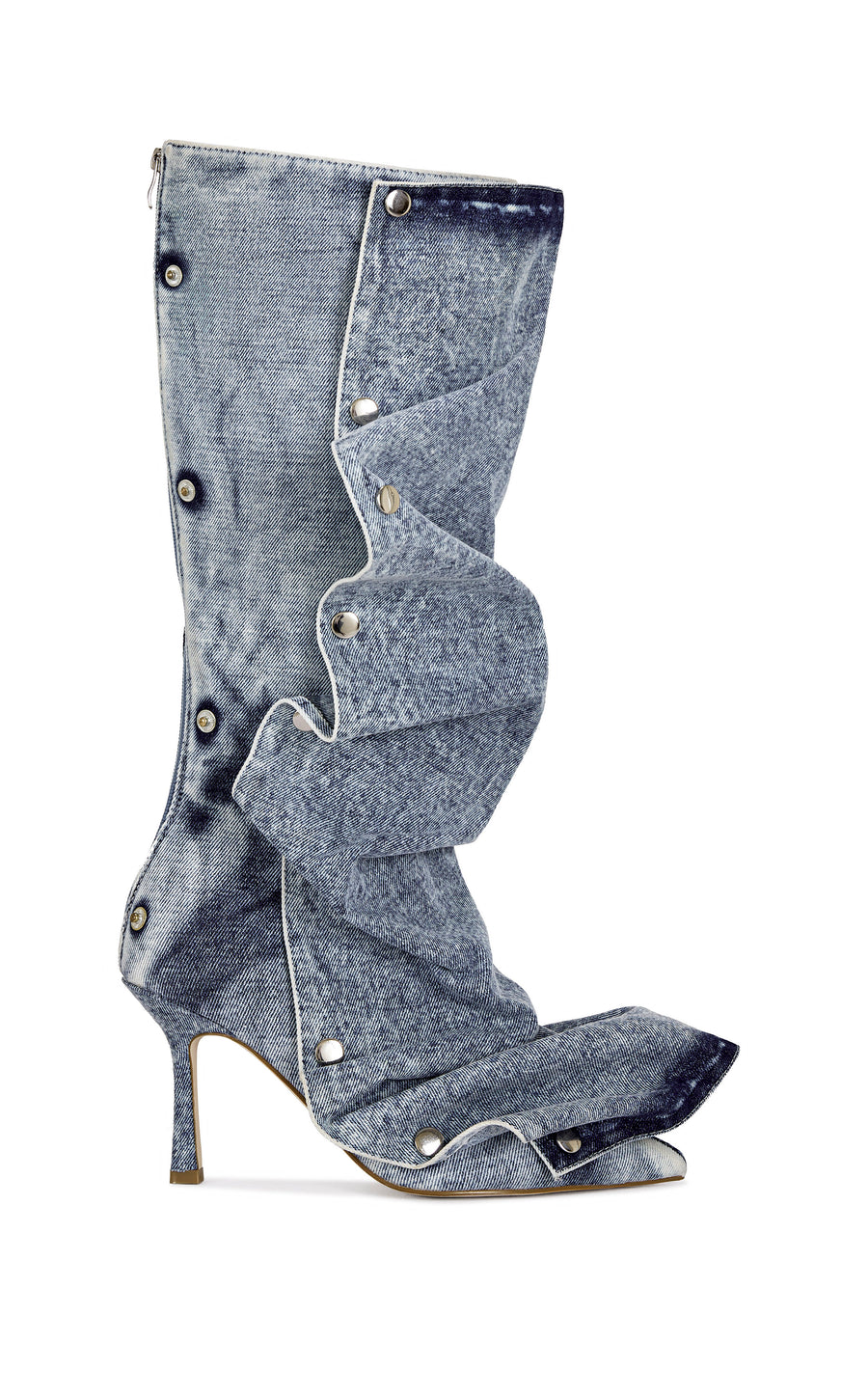 denim statement knee high boot with a pointed toe, stiletto heel, and a removable denim snap overlay