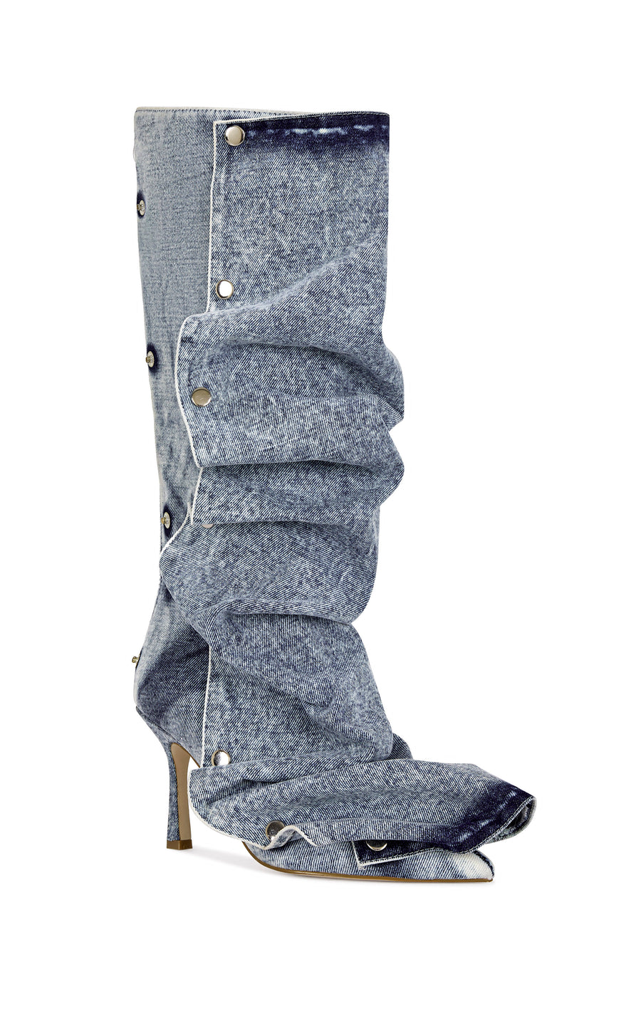 denim statement knee high boot with a pointed toe, stiletto heel, and a removable denim snap overlay