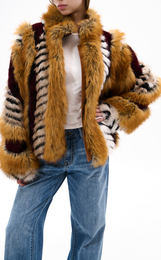 INEZ-BURGUNDY FAUX FUR JACKET