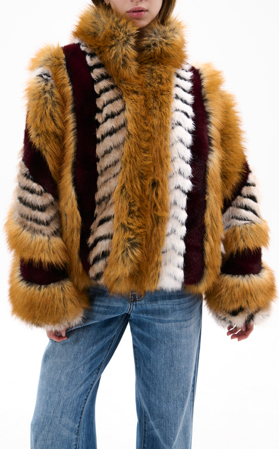 INEZ-BURGUNDY FAUX FUR JACKET