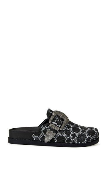 black square print slip on flat mules with a western inspired belted accent on the upper