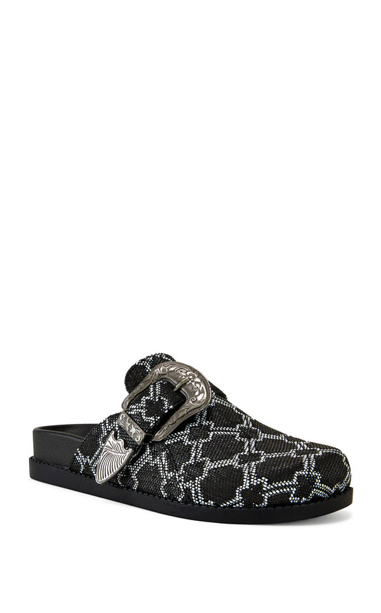 black square print slip on flat mules with a western inspired belted accent on the upper
