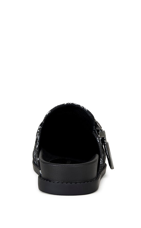 black square print slip on flat mules with a western inspired belted accent on the upper