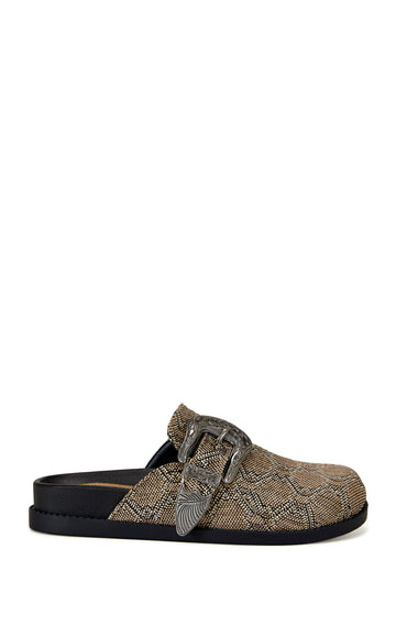 brown snake print slip on flat mules with a western inspired belted accent on the upper
