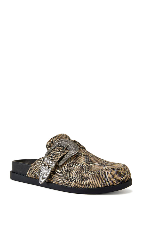 brown snake print slip on flat mules with a western inspired belted accent on the upper