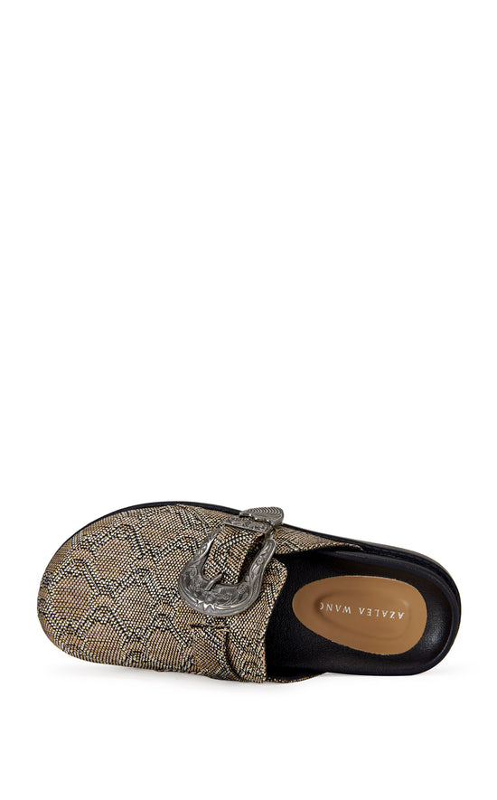 brown snake print slip on flat mules with a western inspired belted accent on the upper