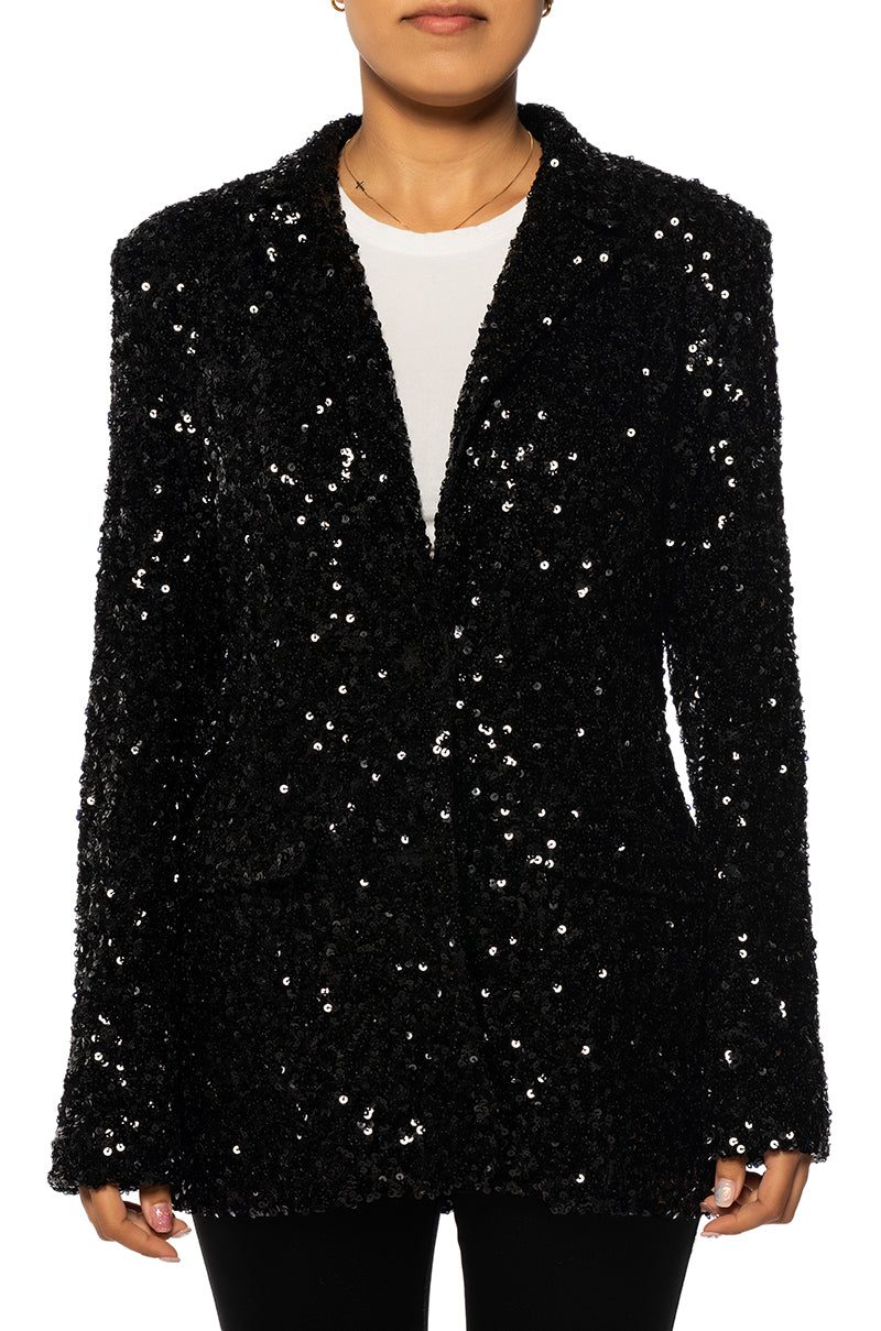 front view of shiny black sequin statement jacket with a classic blazer silhouette