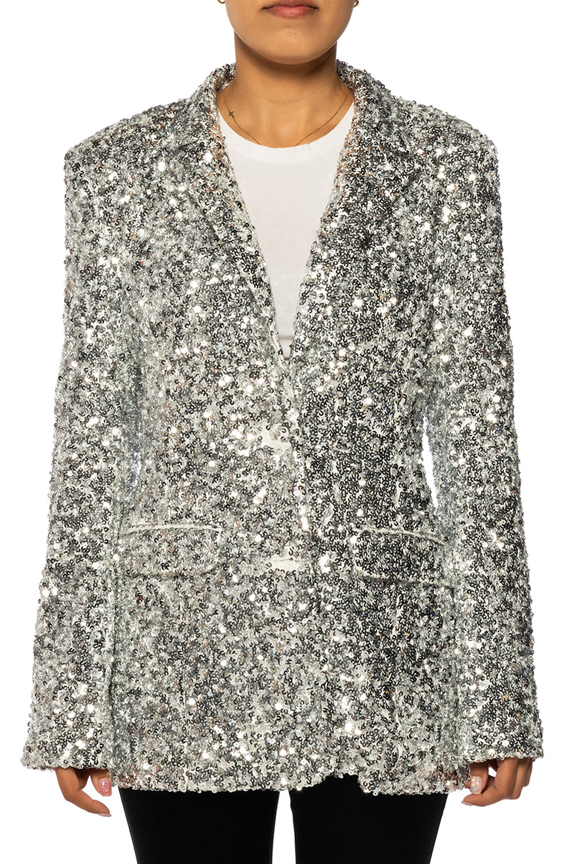 front view of shiny silver sequin statement jacket with a classic silhouette