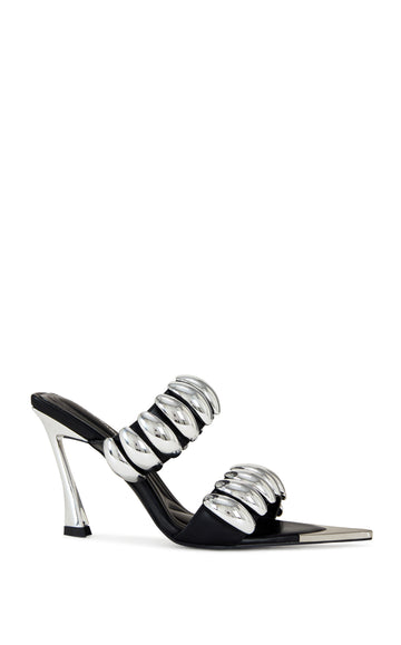 black faux leather open toe strappy sandals with a silver toe cap and stiletto heel with chunky silver accents on the straps