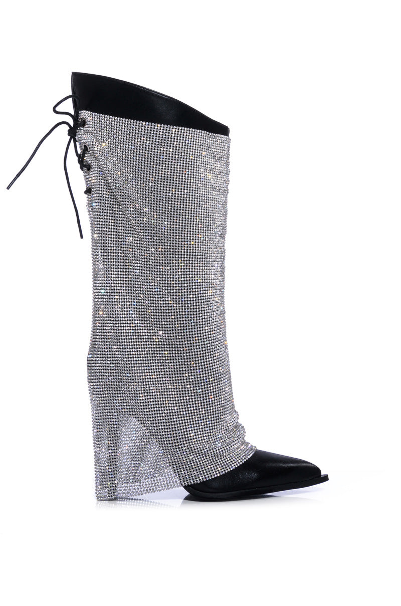 black pointed toe stiletto heel mid-calf boots with shiny rhinestone mesh overlay