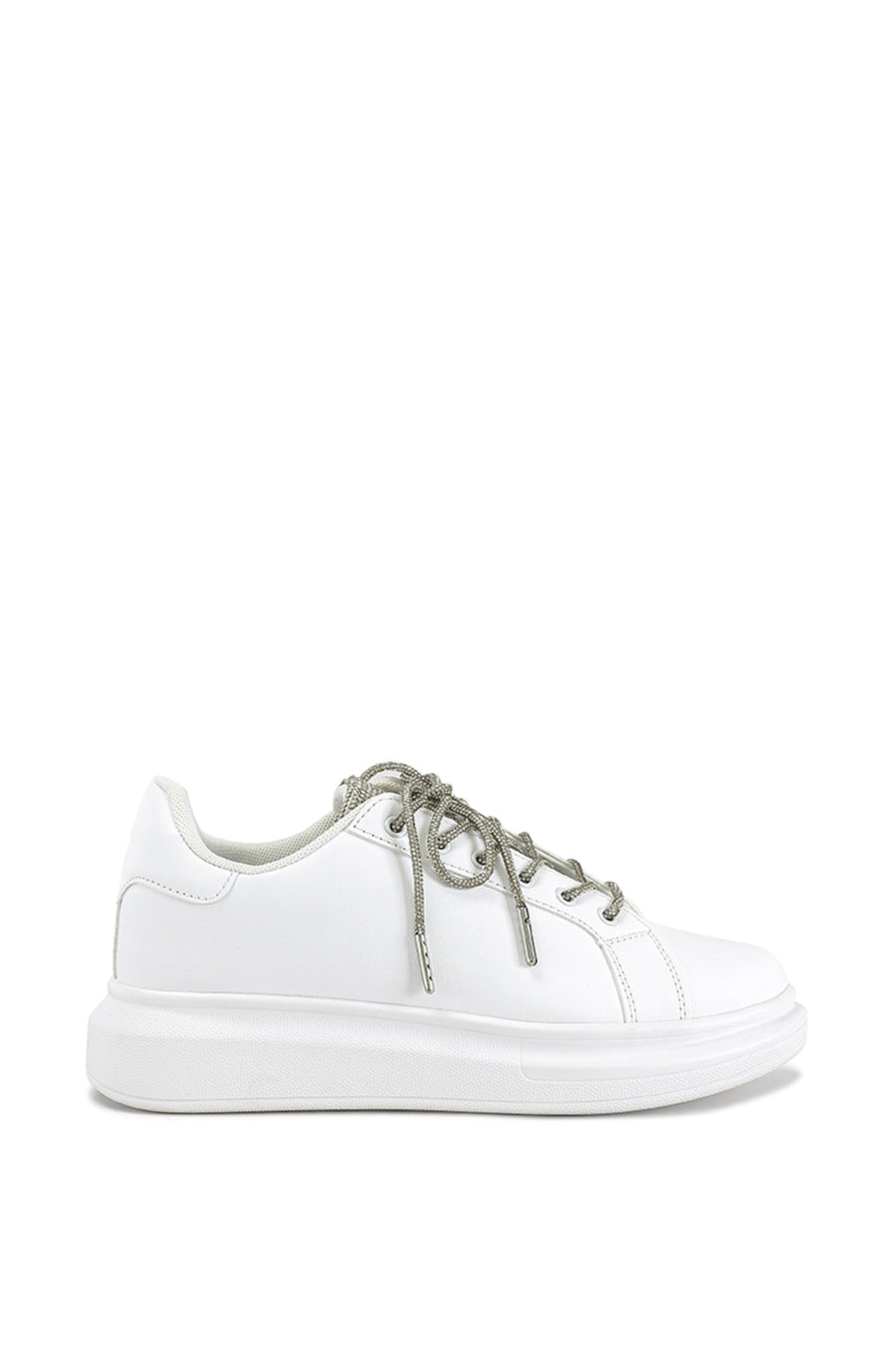 white faux leather lace up sneakers with crystal lace cords