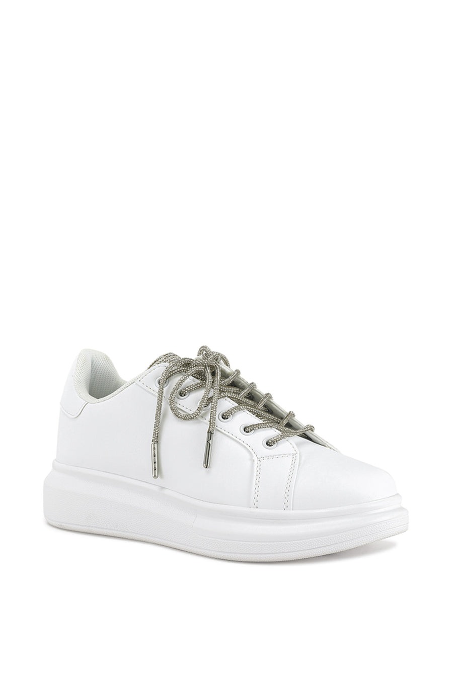 white faux leather lace up sneakers with crystal lace cords