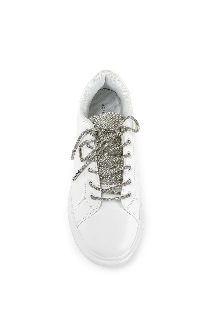 white faux leather lace up sneakers with crystal lace cords