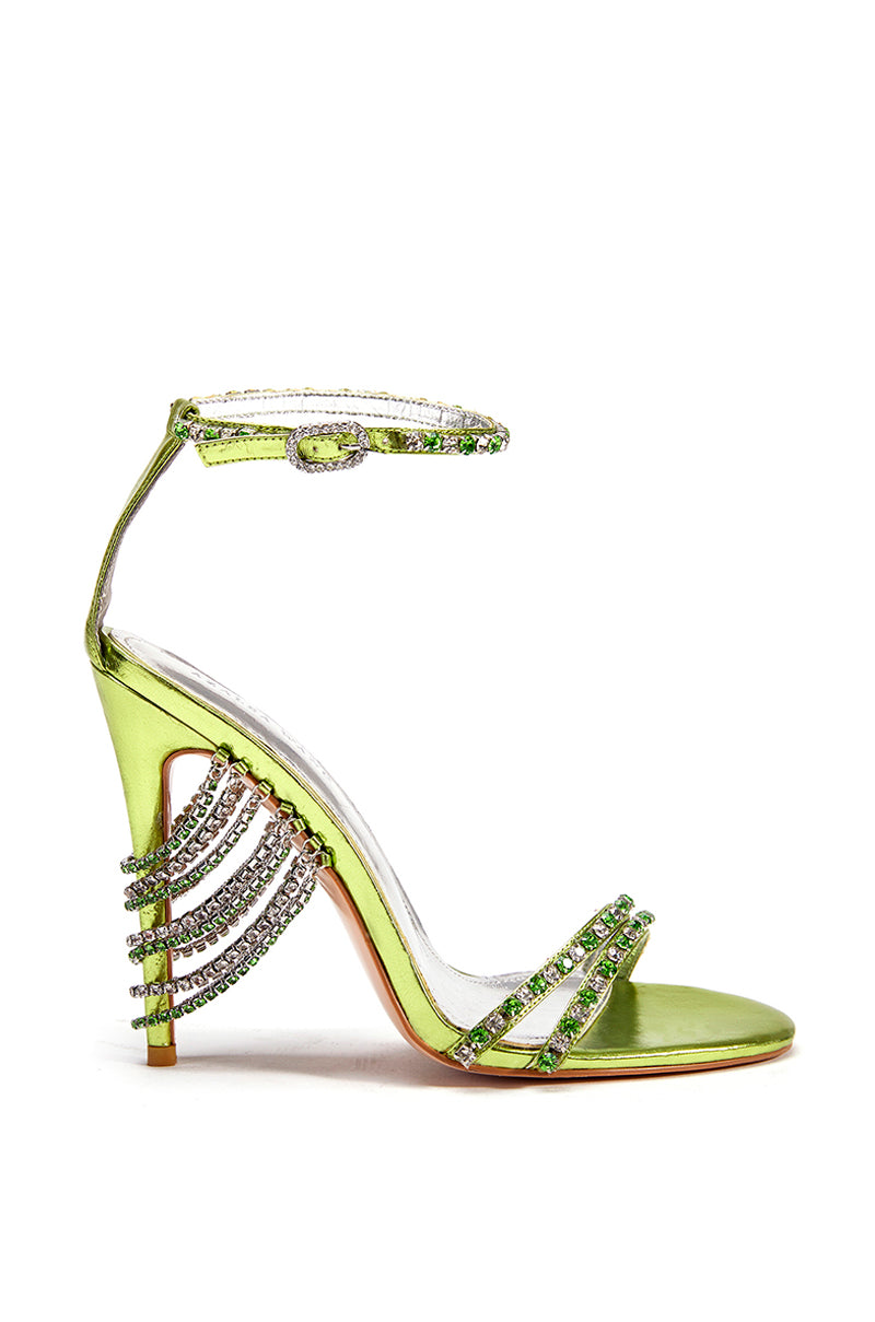 lime green metallic open toe heeled strappy sandals with rhinestone chain details and an adjustable ankle strap