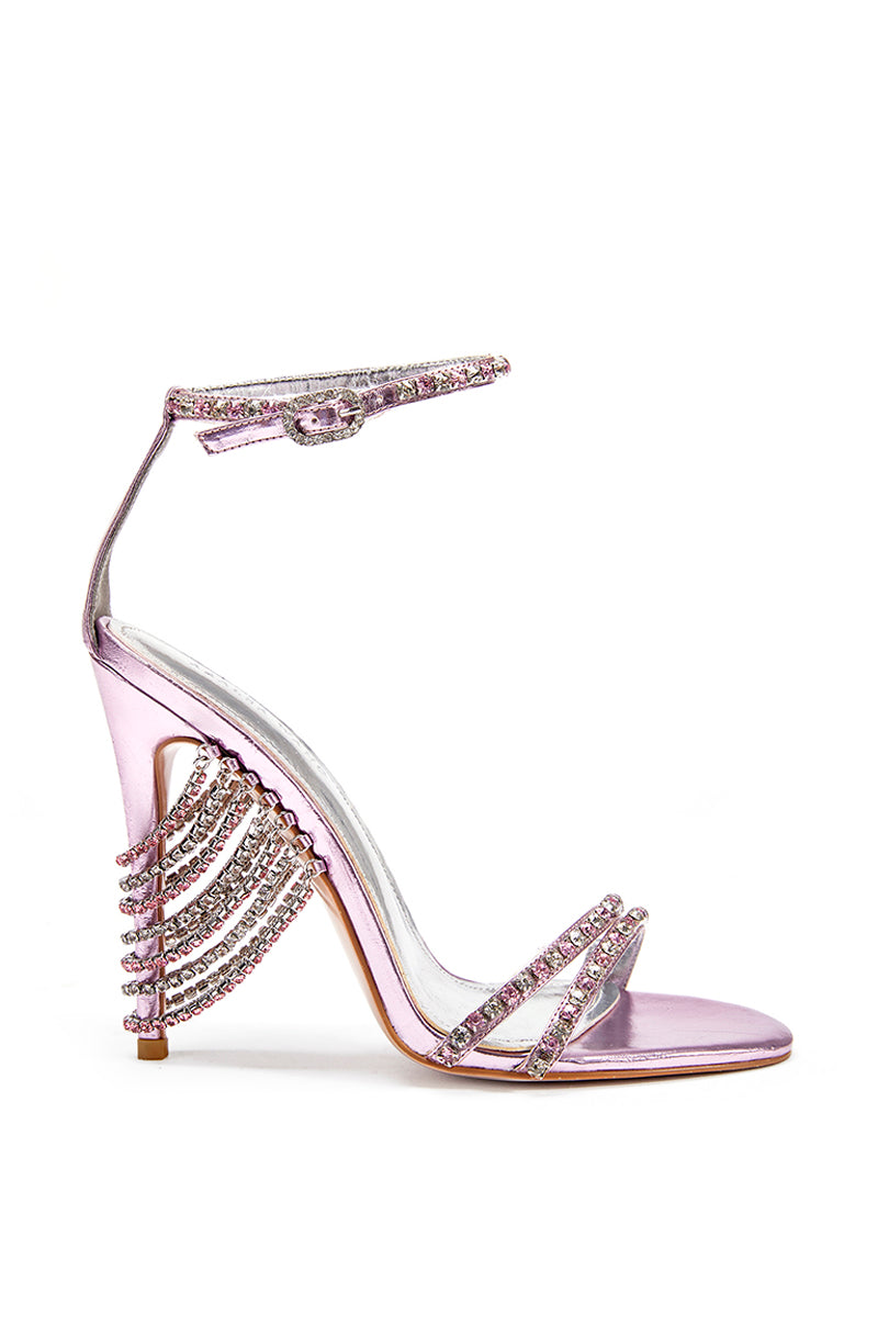 light pink metallic open toe heeled strappy sandals with rhinestone chain details and an adjustable ankle strap