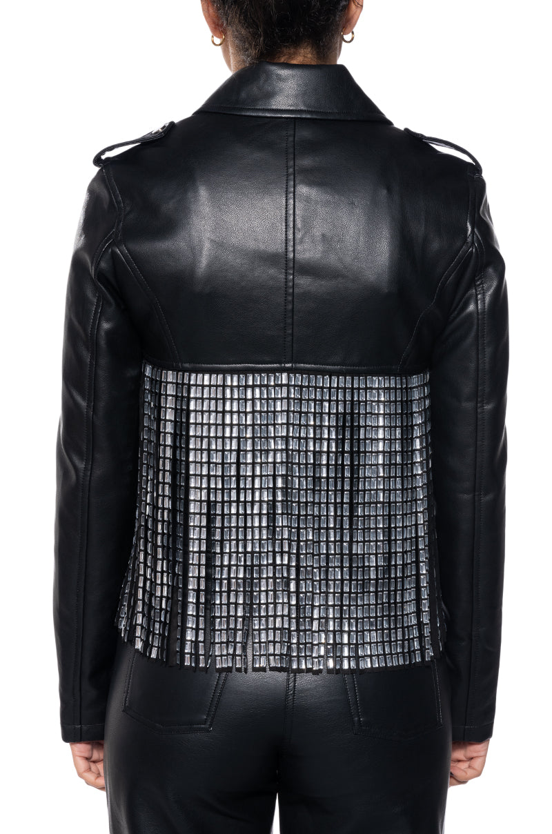 back view of black ultra cropped faux leather moto jacket with long crystal fringe draped along the bottom