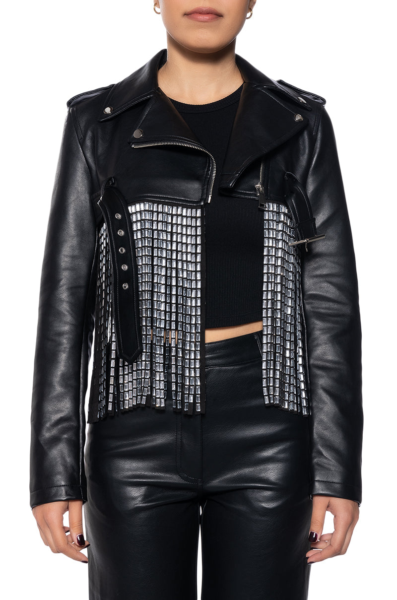 black ultra cropped faux leather moto jacket with long crystal fringe draped along the bottom