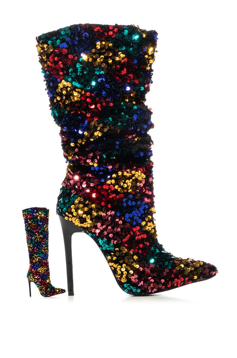 side view of pointed toe stiletto sequin boots with crunched detail and straight detail