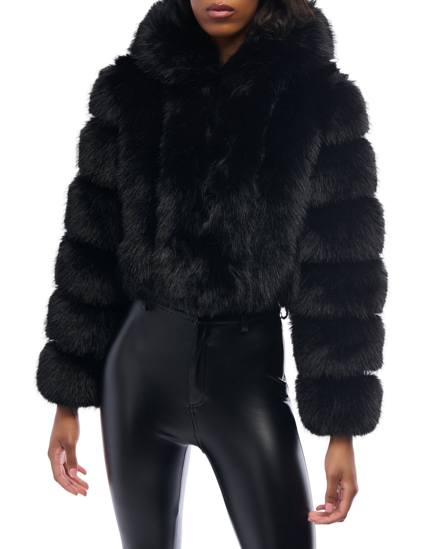 black faux fur statement jacket with a cropped silhouette, zip closure, and hood