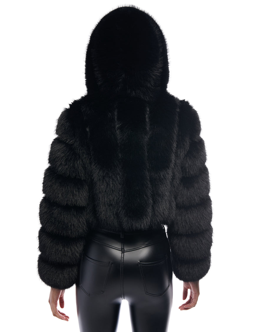 black faux fur statement jacket with a cropped silhouette, zip closure, and hood