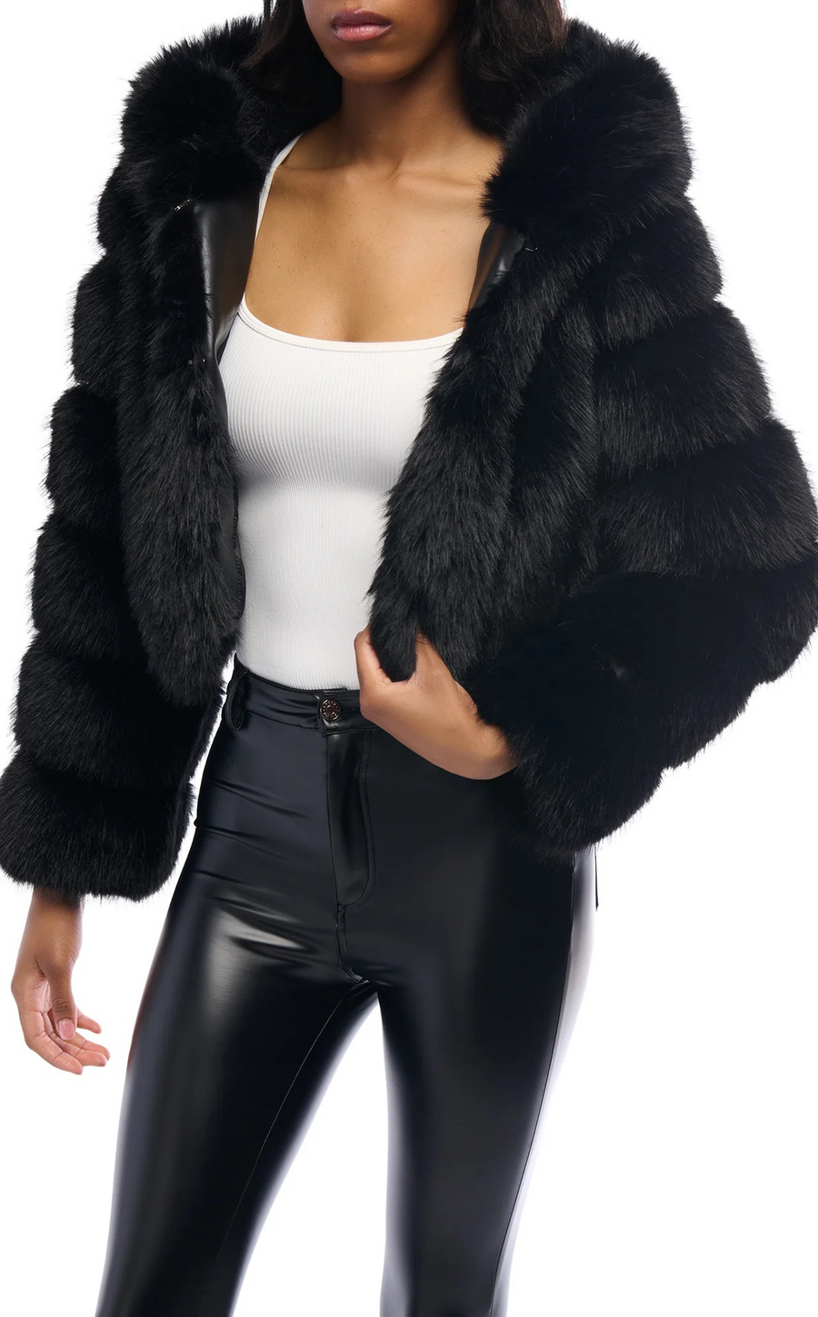 JOLENE-BLK HOODED FAUX FUR JACKET