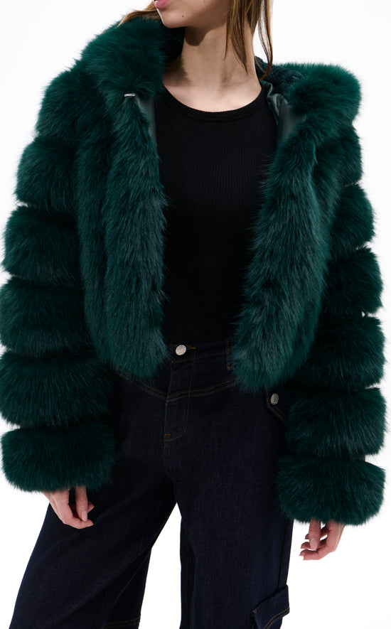 JOLENE-EMERALD HOODED FAUX FUR JACKET
