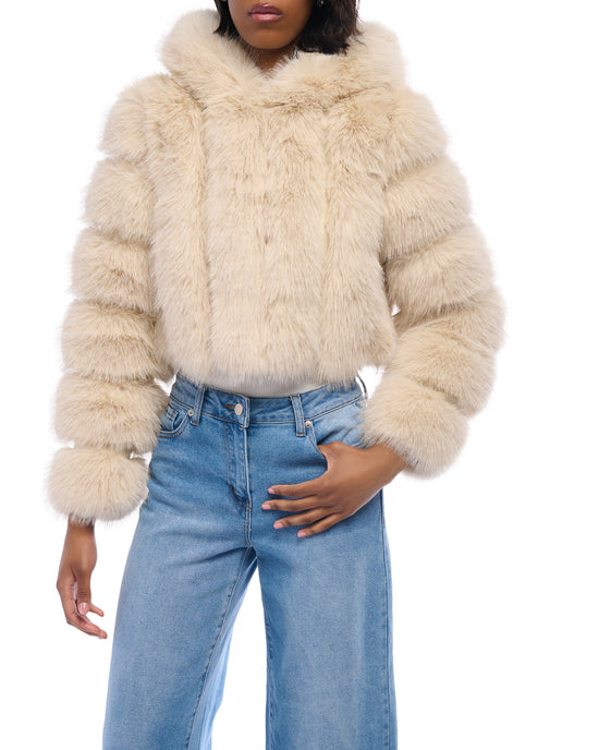 cream faux fur statement jacket with a cropped silhouette, zip closure, and hood