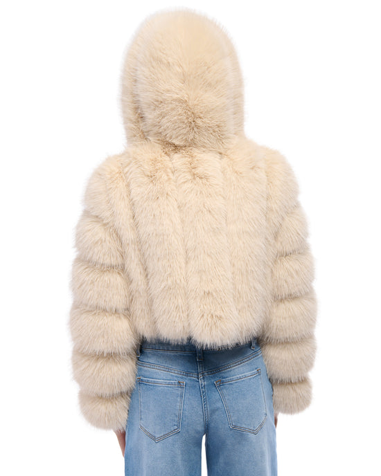 cream faux fur statement jacket with a cropped silhouette, zip closure, and hood
