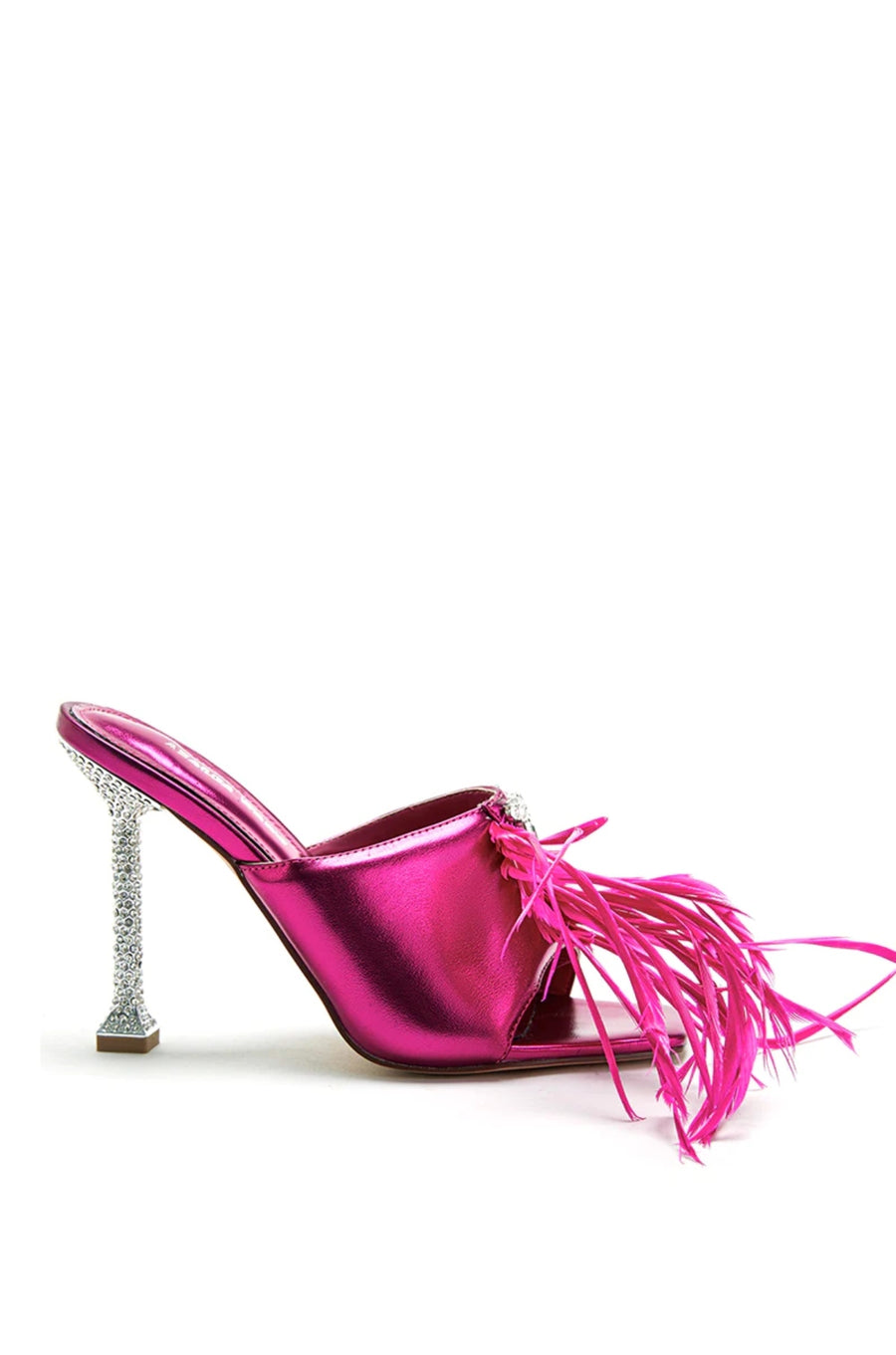 metallic pink open toe slip on heels with crystal and feather embellishment