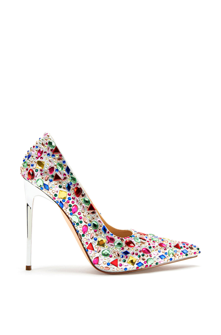 silver metallic pointed toe heels with multicolored rhinestone studs