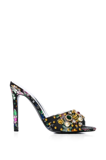 black floral print open toe slip on strappy sandals with crystal and peal detail