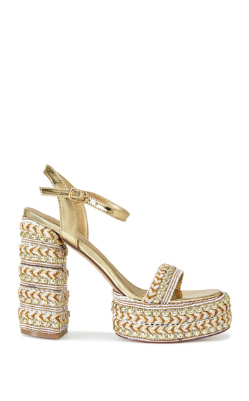 gold platform open toe heels with a raffia lined platform sole and block heel, completed with a metallic gold faux leather ankle strap