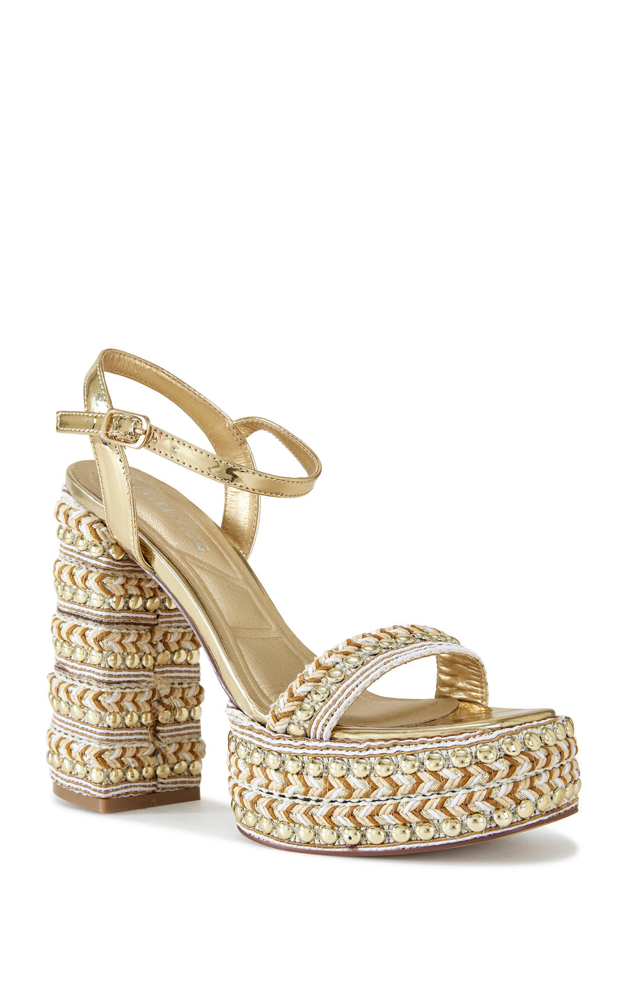 gold platform open toe heels with a raffia lined platform sole and block heel, completed with a metallic gold faux leather ankle strap