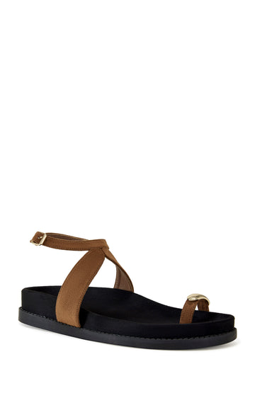 black flat open toe sandals with brown faux suede toe strap and an adjustable ankle strap closure with gold hardware accents