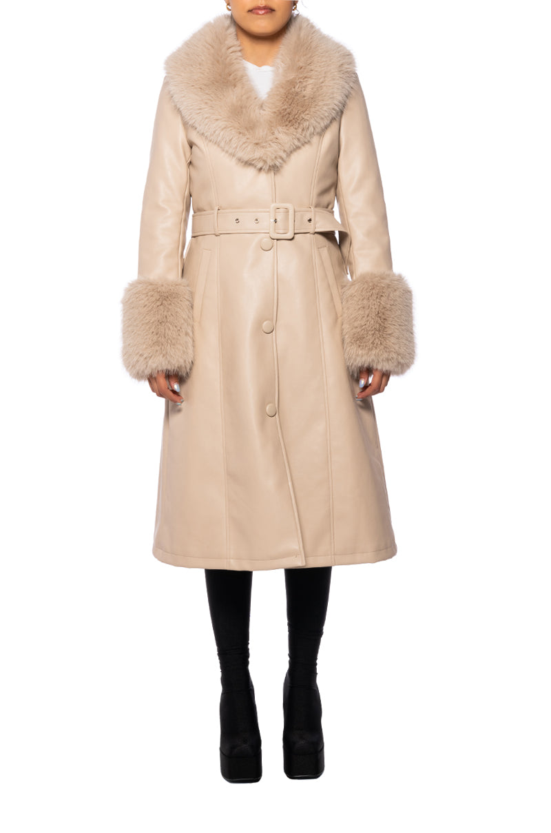 front view of beige faux leather knee length jacket with cinched belt waist and faux fur collar and cuffs