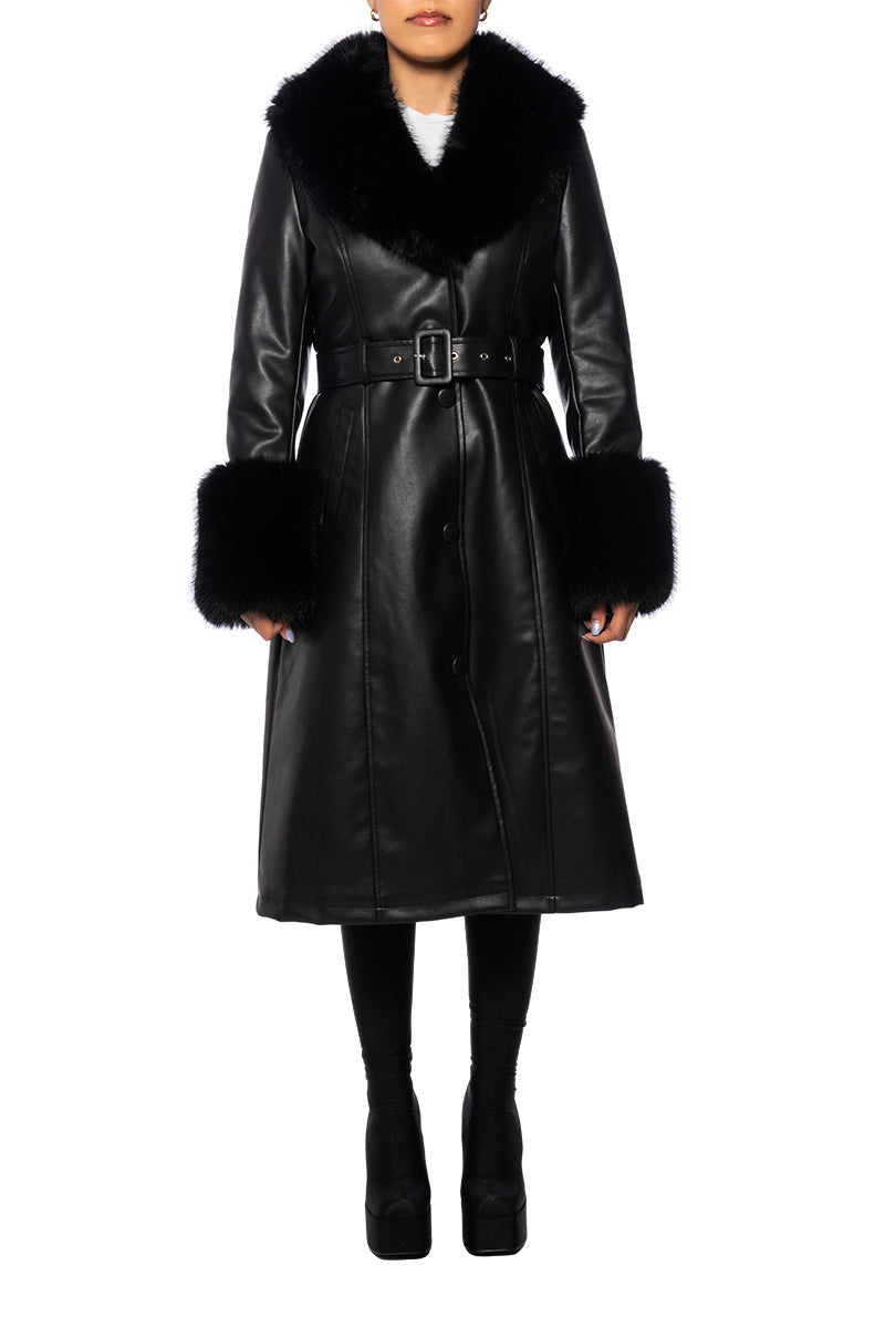 front view of black faux leather trench coat with cinched belt closure and faux fur collar and cuffs