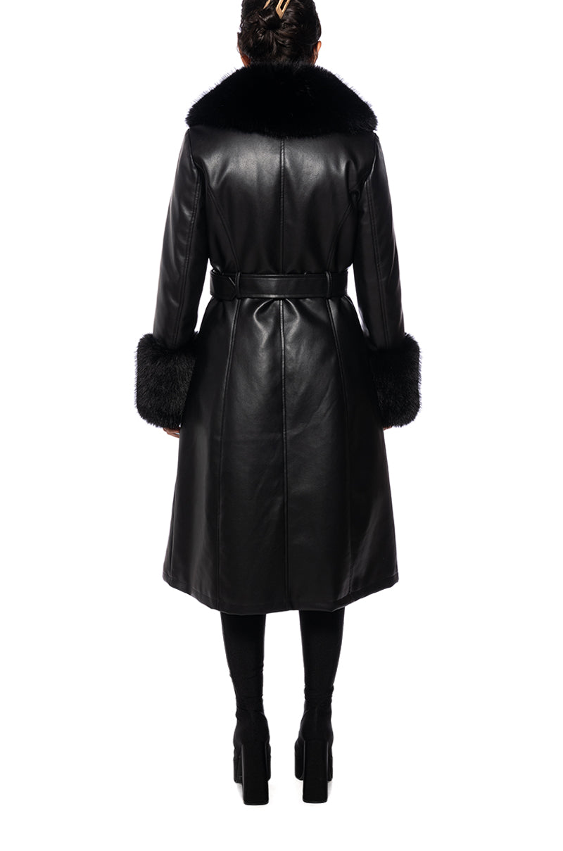 back view of black faux leather trench coat with cinched belt closure and faux fur collar and cuffs