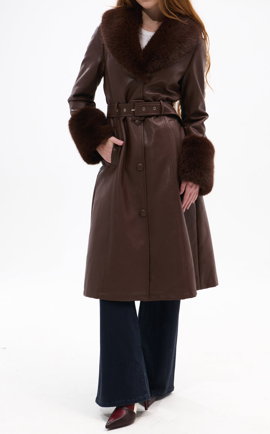 KAYA-BROWN FAUX FUR TRENCH JACKET